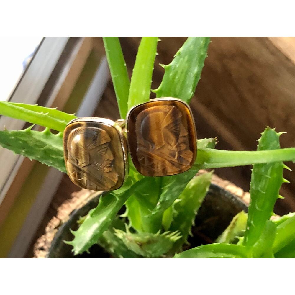 Vintage Lamode 10K Gold Filled, Carved Tigereye Brown Stone Warrior Cufflinks